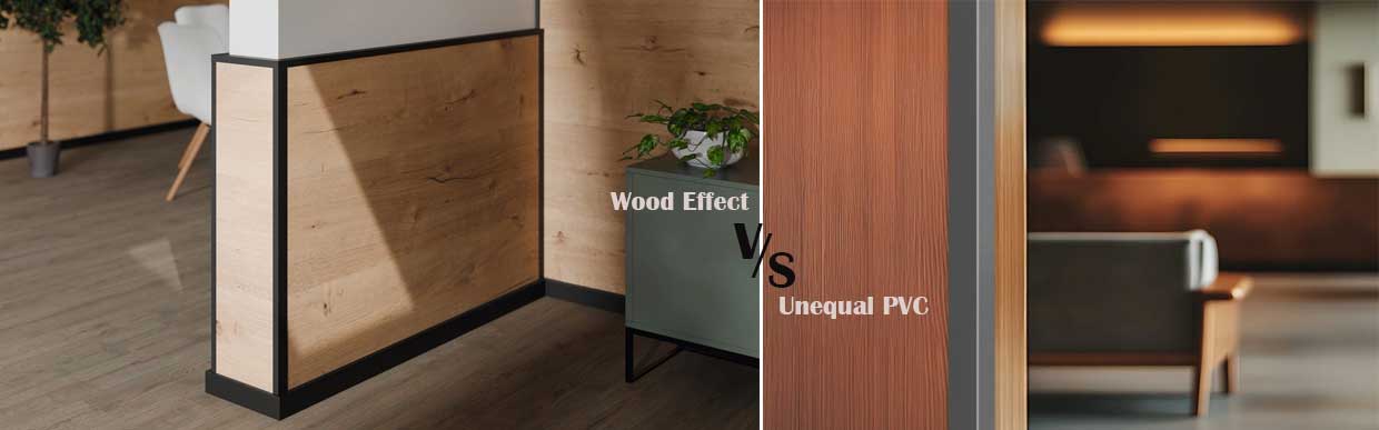 Stylish modern interiors showcasing wood-effect and unequal PVC guards for wall protection