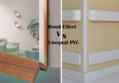 Comparison of wood-effect and unequal PVC corner guards in a modern interior setting