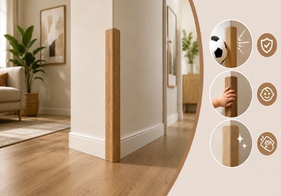 Wooden wall corner protector with three feature icons.